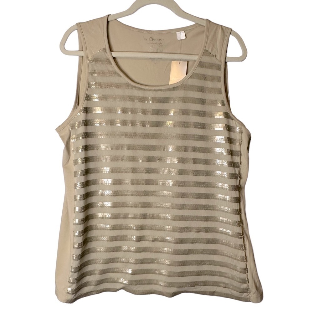Chico’s Stella Striped Sequin Tank New Khaki Vanity Size‎ 3/US XL #570105456